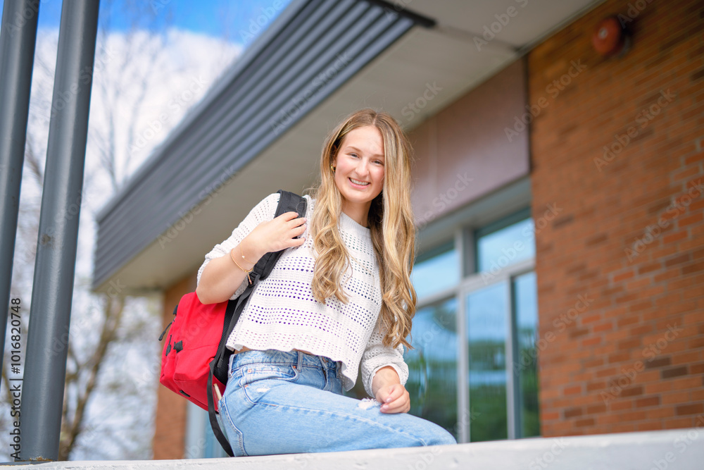 Young girl high school or college student She is on her way to class near university building Young girl high school or college student She is on her way to class near university building