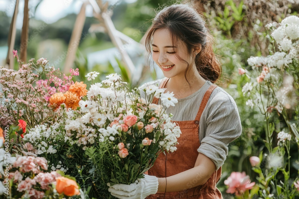 Woman in Garden Holding Bouquet of White and Pink Flowers Woman in Garden Holding Bouquet of White and Pink Flowers