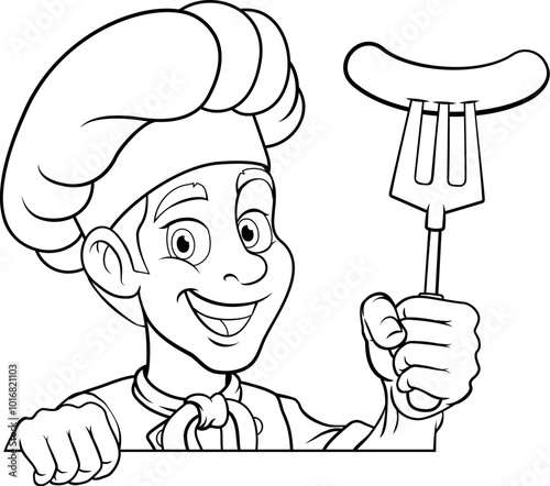 A chef cartoon barbecue cook man giving a thumbs up and holding a hotdog or grilled sausage a BBQ or cooking fork and peeking around sign or menu, mascot character illustration