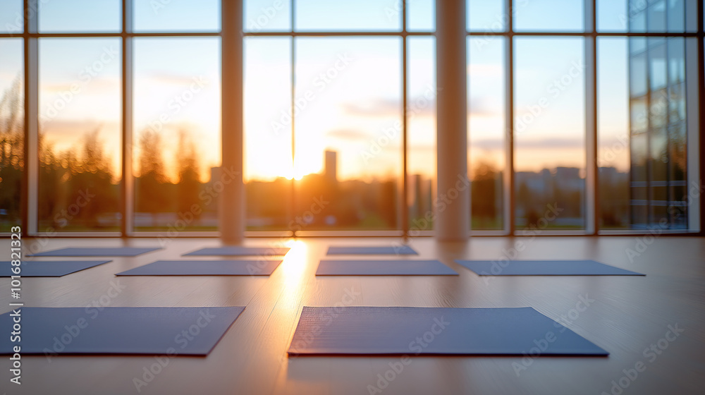 Fototapeta premium Modern fitness yoga studio with panoramic windows showcasing city views equipped with exercise mats promoting work-life balance, health, wellness, yoga, meditation, and sports for women