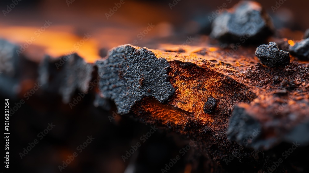 A tight shot of charred metal with dirt overlay A tight shot of charred metal with dirt overlay