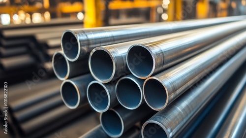 high quality Galvanized steel pipe or Aluminum and chrome stainless pipes in a storage area in a steel industry plant, waiting for shipment in warehouse