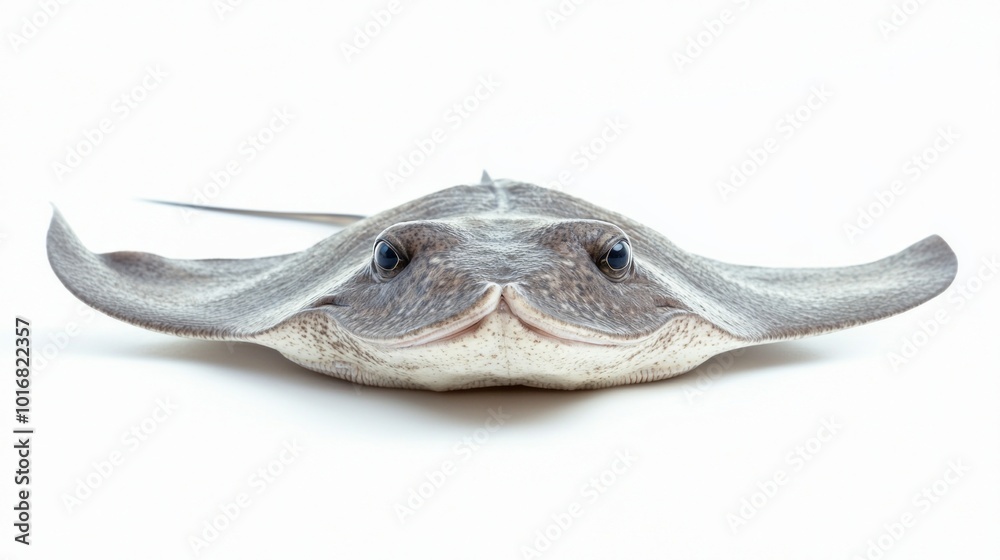 stingray Dasyatidae is isolated on a white background displaying its flat body shape distinctive fins and eyes emphasizing its unique characteristics. stingray Dasyatidae is isolated on a white background displaying its flat body shape distinctive fins and eyes emphasizing its unique characteristics.