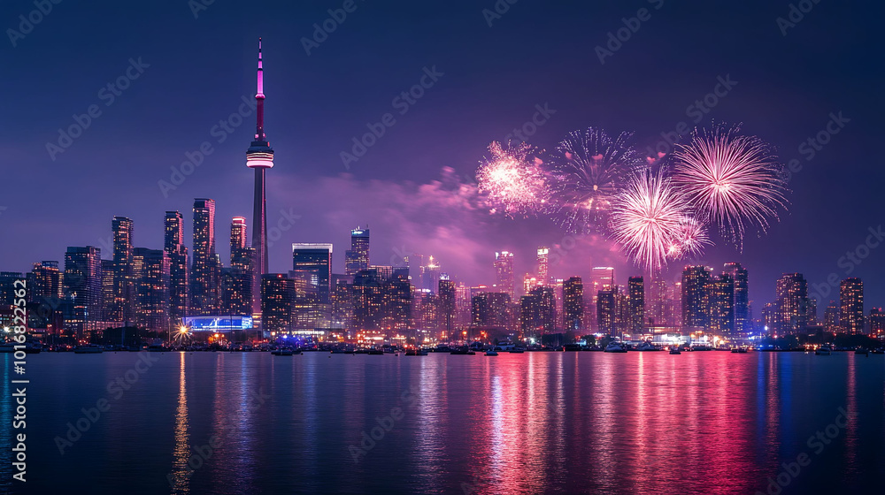 Obraz premium City skyline illuminated by vibrant fireworks, celebrating a festive night, showcasing urban architecture against a dazzling display.