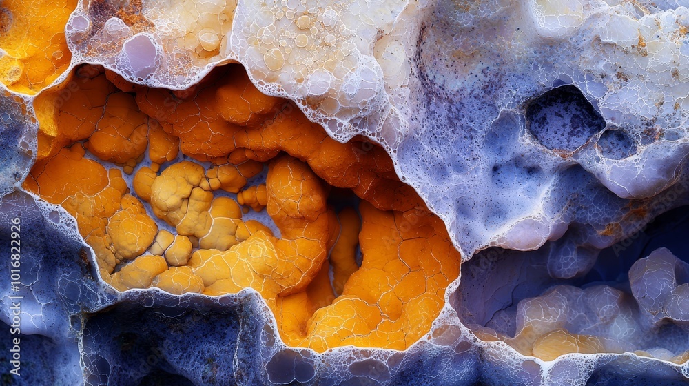 Obraz premium A tight shot of an orb-shaped rock formation, featuring orange and blue stones at its core In the heart of this composition lies a minute hollow