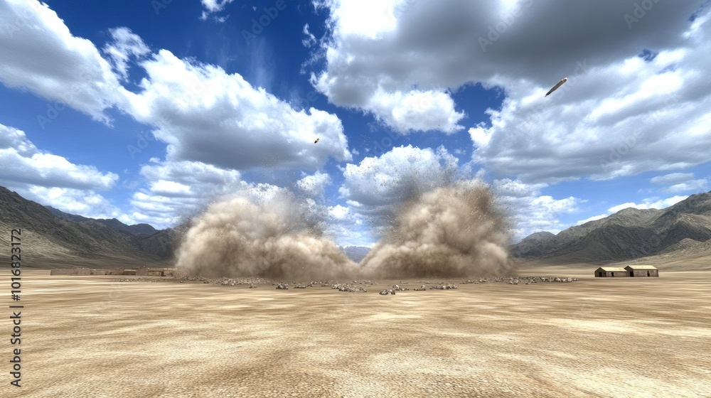 Multiple rockets erupt into the darkened sky from an ancient battlefield, their fiery trails illuminating the ominous clouds and war-torn landscape below Multiple rockets erupt into the darkened sky from an ancient battlefield, their fiery trails illuminating the ominous clouds and war-torn landscape below
