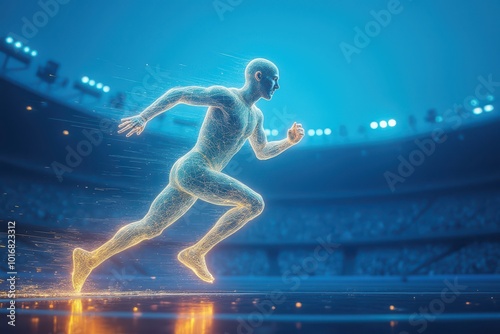 Futuristic Neon Runner on Stadium Track