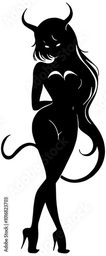Silhouette of a cartoon female devil with horns and tail, in black, isolated 