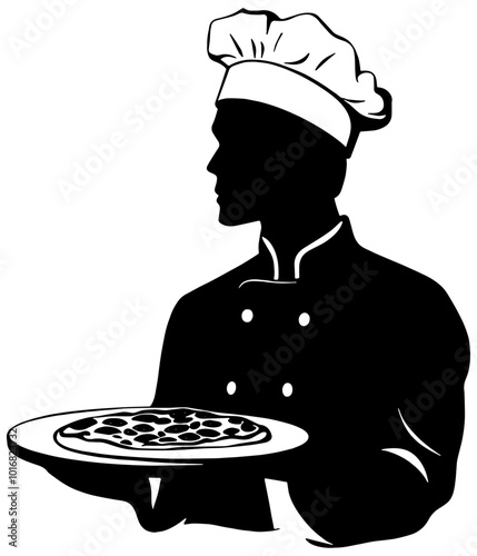Silhouette of a chef holding a pizza, isolated 