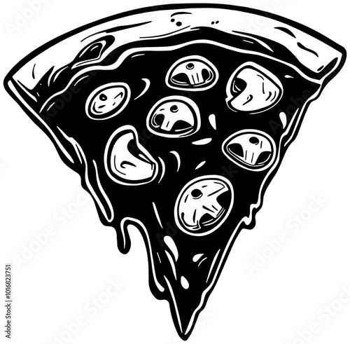 Illustration in black of a slice of pizza with cheese dripping, isolated 