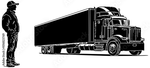 Silhouette of a truck driver and big rig truck, in black, isolated 
