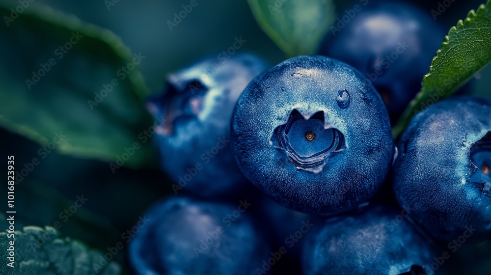 A tight shot of blueberries on a leafy branch, with dewdrops glistening atop each juicy berry A tight shot of blueberries on a leafy branch, with dewdrops glistening atop each juicy berry