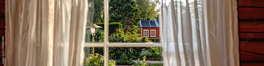 Window with white curtain, garden and red house view, sunny summer day, street lamp outside, bokeh effect, photo from inside, Sweden. Window with white curtain, garden and red house view, sunny summer day, street lamp outside, bokeh effect, photo from inside, Sweden.
