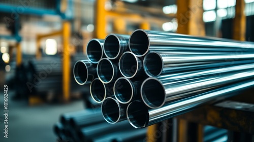 high quality Galvanized steel pipe or Aluminum and chrome stainless pipes in a storage area in a steel industry plant, waiting for shipment in warehouse photo