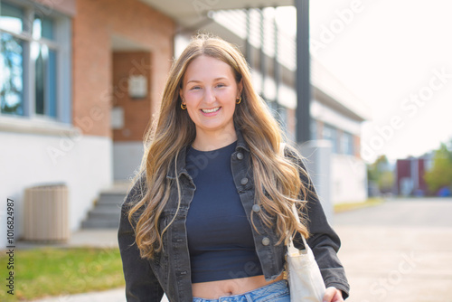 Young girl high school or college student She is on her way to class near university building photo