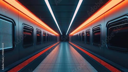 A futuristic subway tunnel illuminated by neon lights, showcasing modern design and a sense of depth in urban transportation.