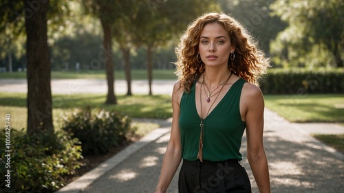 Confident young woman in green top walking outdoors in a park, natural and stylish look