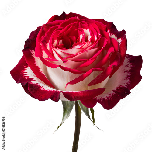 Red rose with white edged petals, intricately layered, green stem, white background