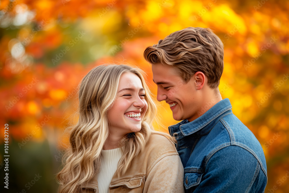 Smiling couple standing together in an autumn park with vibrant orange leaves in the background. Close-up portrait of a joyful and romantic moment outdoors Smiling couple standing together in an autumn park with vibrant orange leaves in the background. Close-up portrait of a joyful and romantic moment outdoors