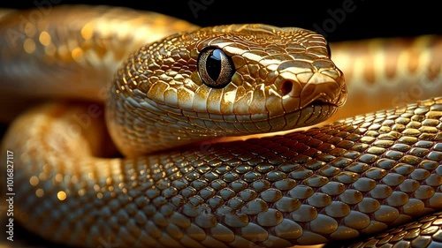 Captivating golden snake showcasing its stunning glimmering scales against a sleek black background