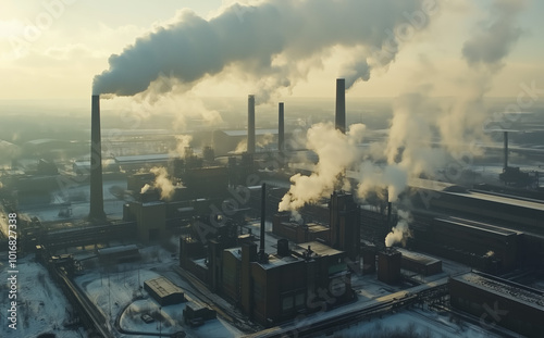 Industrial plant emitting thick smoke during sunset, with snow-covered ground and city skyline in the background. Aerial view of pollution and environmental impact in winter