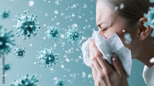 Young woman sneezing, coughing, and blowing her nose during cold and flu season highlighting health and illness concepts photo