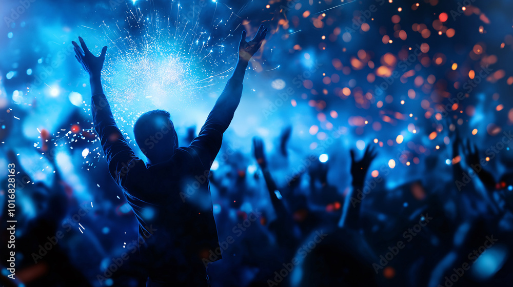 Silhouette of a man jumping out of a crowd during a concert celebration with fireworks, capturing the excitement of New Year festivities Silhouette of a man jumping out of a crowd during a concert celebration with fireworks, capturing the excitement of New Year festivities