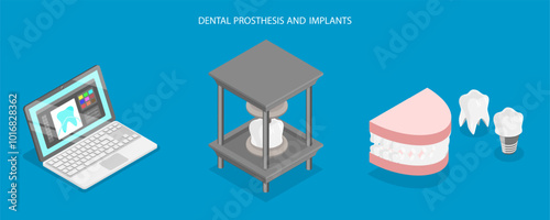 3D Isometric Flat Vector Illustration of Modern Dentistry, Advances In Medical 3D Printing For Dental Prosthetics And Implants