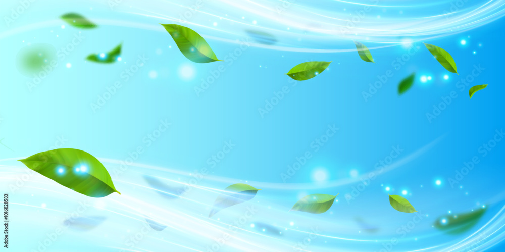 Flying green leaves in the blue air waves. Fresh menthol aroma. 3D natural vector background. Flying green leaves in the blue air waves. Fresh menthol aroma. 3D natural vector background.