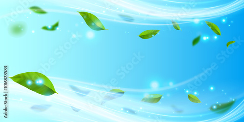 Flying green leaves in the blue air waves. Fresh menthol aroma. 3D natural vector background.