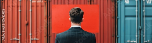 A businessman stands in front of colorful shipping containers, symbolizing opportunity and resilience in a dynamic environment.