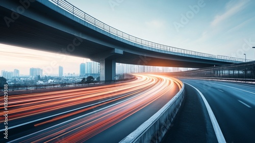 Highway overpass motion blur effect with modern city background