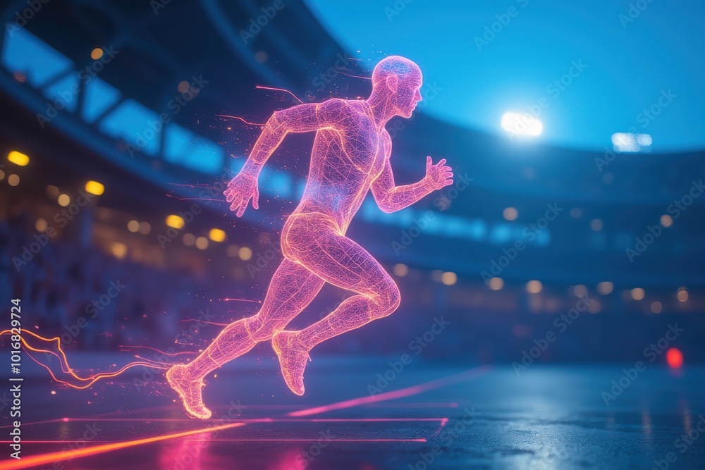 Futuristic Neon Runner on Stadium Track Futuristic Neon Runner on Stadium Track