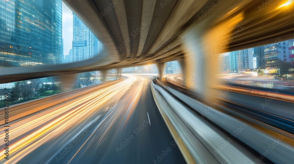 Highway overpass motion blur effect with modern city background Highway overpass motion blur effect with modern city background