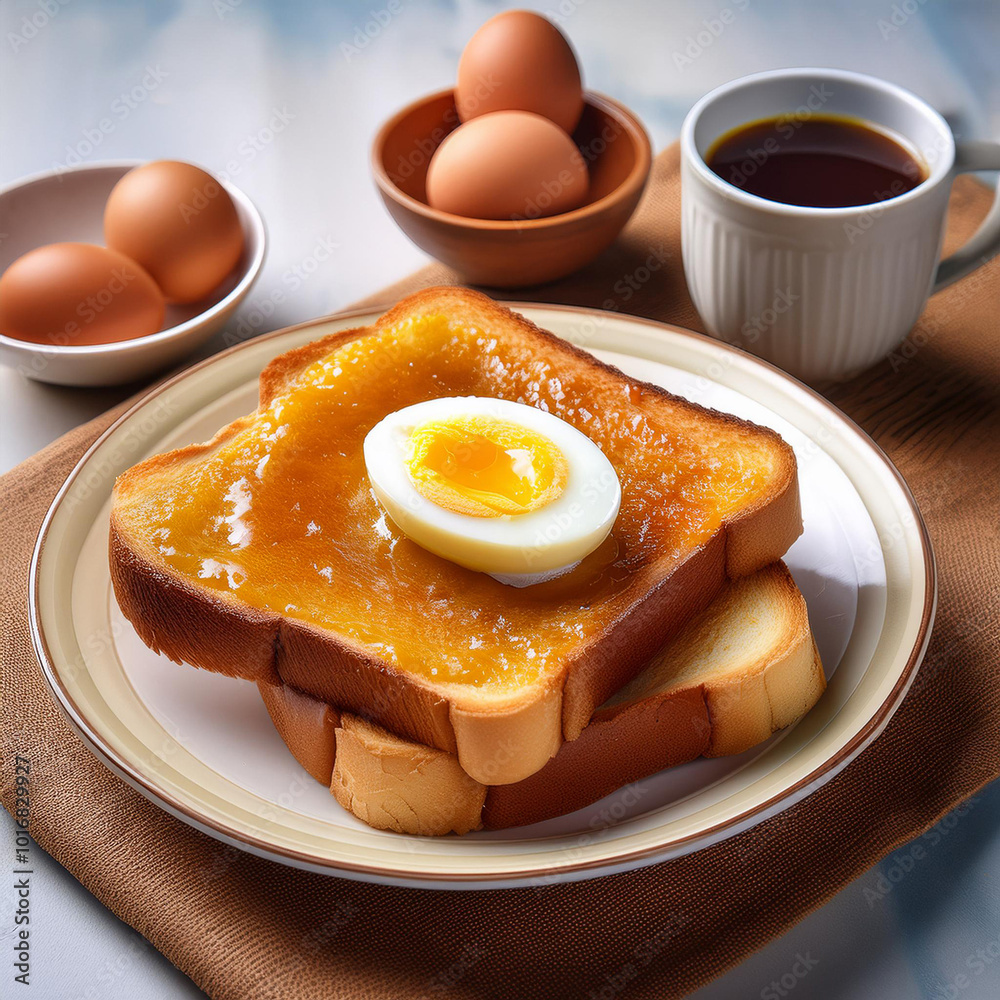 Fototapeta premium Kaya Toast with Butter and Soft Eggs