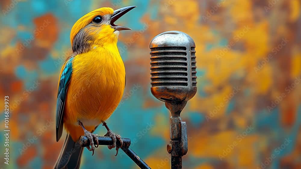 Yellow bird singing on vintage microphone