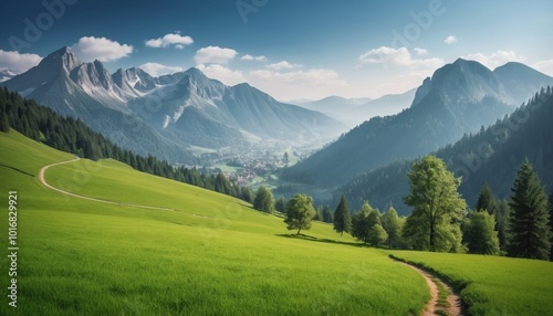 Summer mountain landscape with panoramic views of alpine peaks, green meadows, and a bright sky