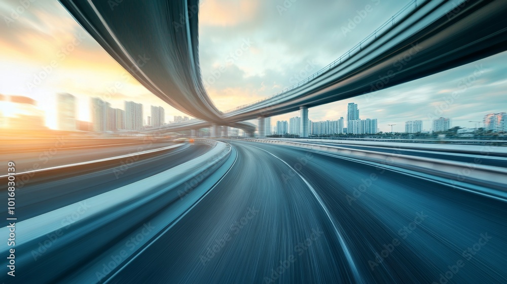 Highway overpass motion blur effect with modern city background Highway overpass motion blur effect with modern city background