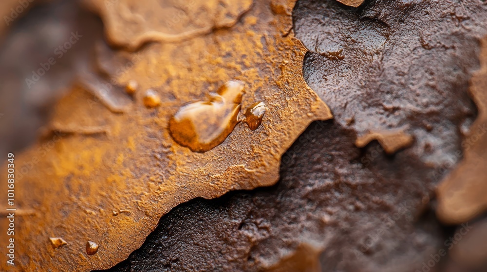 A tight shot of a brown substance, adorned with droplets of water resting atop its surface and on the edges A tight shot of a brown substance, adorned with droplets of water resting atop its surface and on the edges