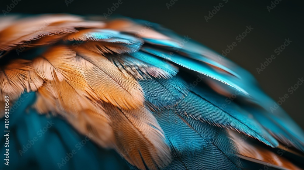 Obraz premium A tight shot of a blue-orange bird's intricately textured feathers against a stark black background