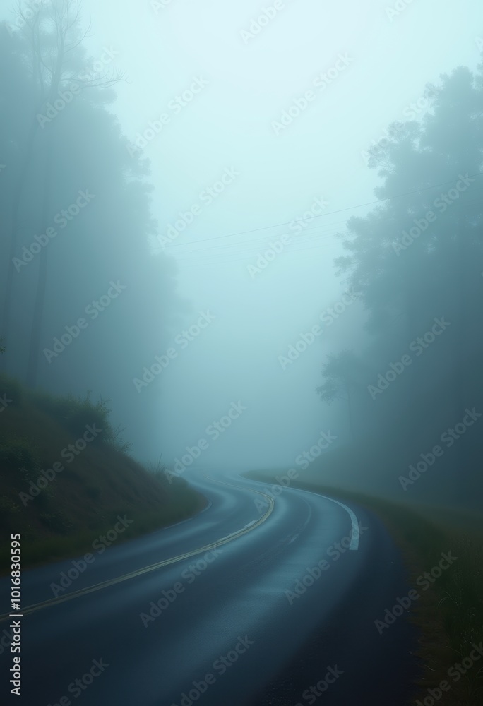 A winding road shrouded in dense fog, creating a mysterious and serene atmosphere perfect for travel, nature, or landscape themes. A winding road shrouded in dense fog, creating a mysterious and serene atmosphere perfect for travel, nature, or landscape themes.