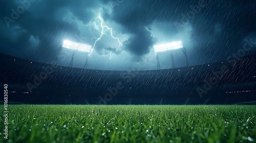 Electrifying Thunderstorm Over Outdoor Stadium - Dramatic Lightning and Intense Lighting Create a Captivating Atmosphere