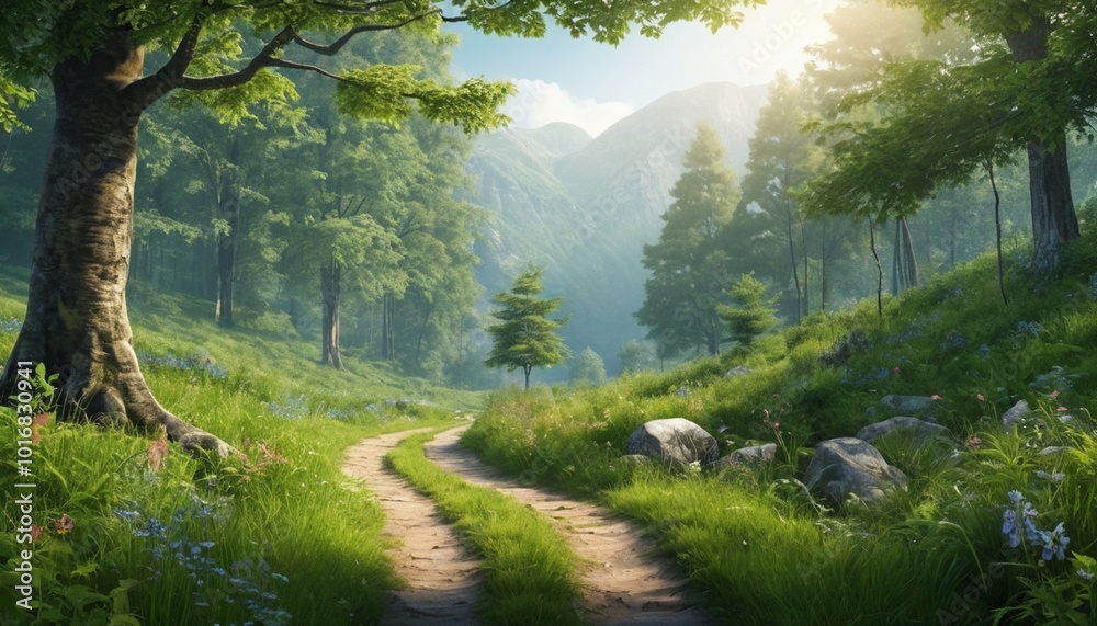 Fototapeta premium A serene path winding through a lush green forest with trees, grass, and a scenic view of mountains and clouds under a bright summer sky