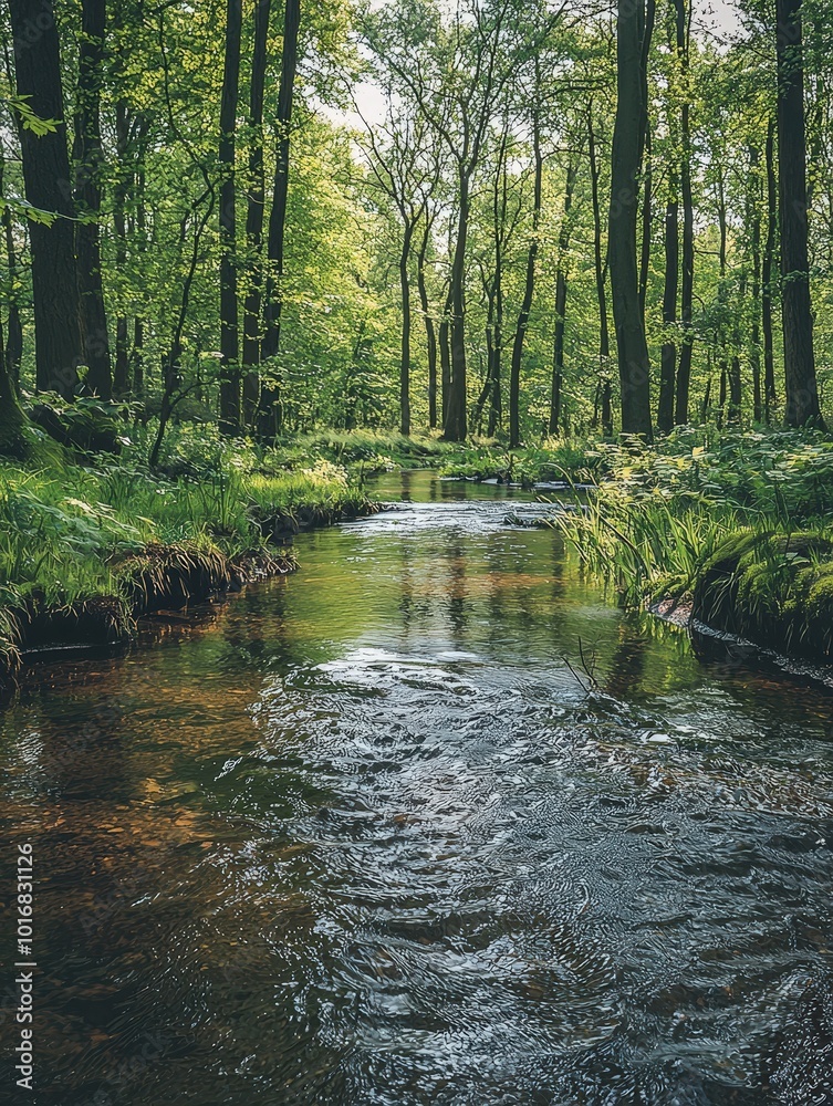 Fototapeta premium Tranquil Creek Flowing Through Lush Green Forest