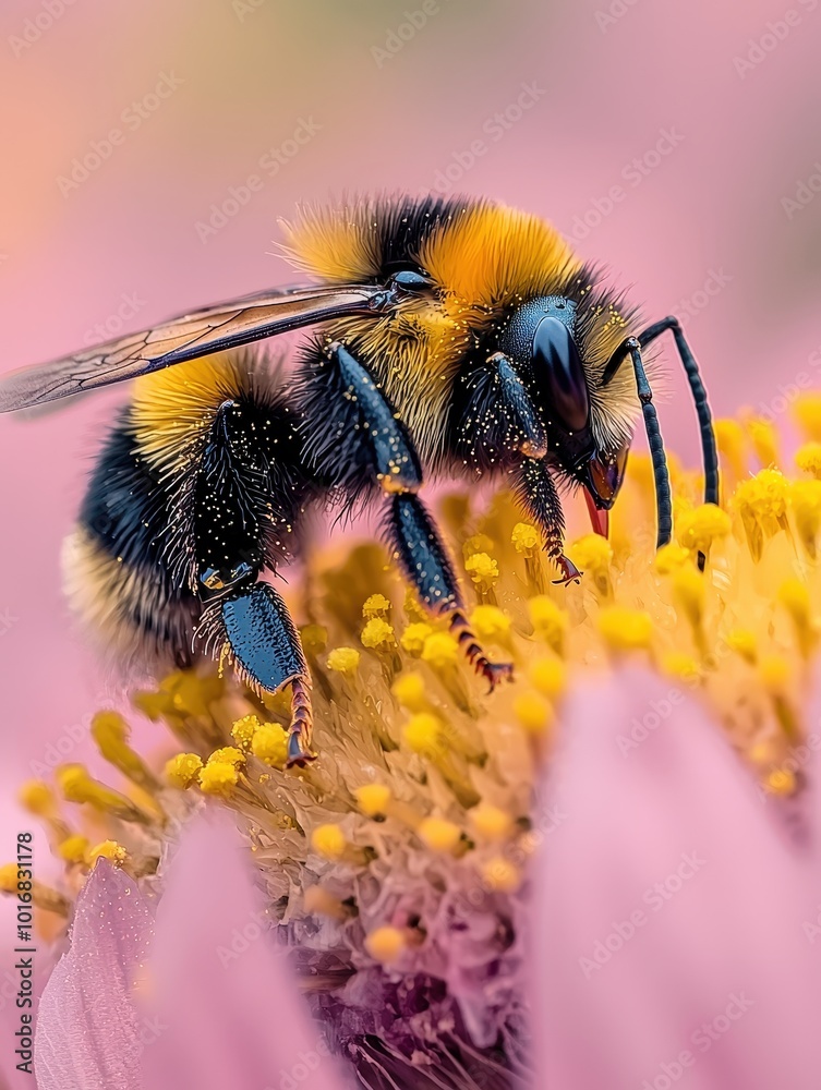 Close up of Bumblebee Collecting Pollen on Pink Flower Close up of Bumblebee Collecting Pollen on Pink Flower