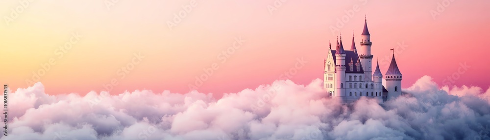 A majestic castle floating above fluffy clouds, bathed in soft pastel colors during sunset, creating a dreamy atmosphere.