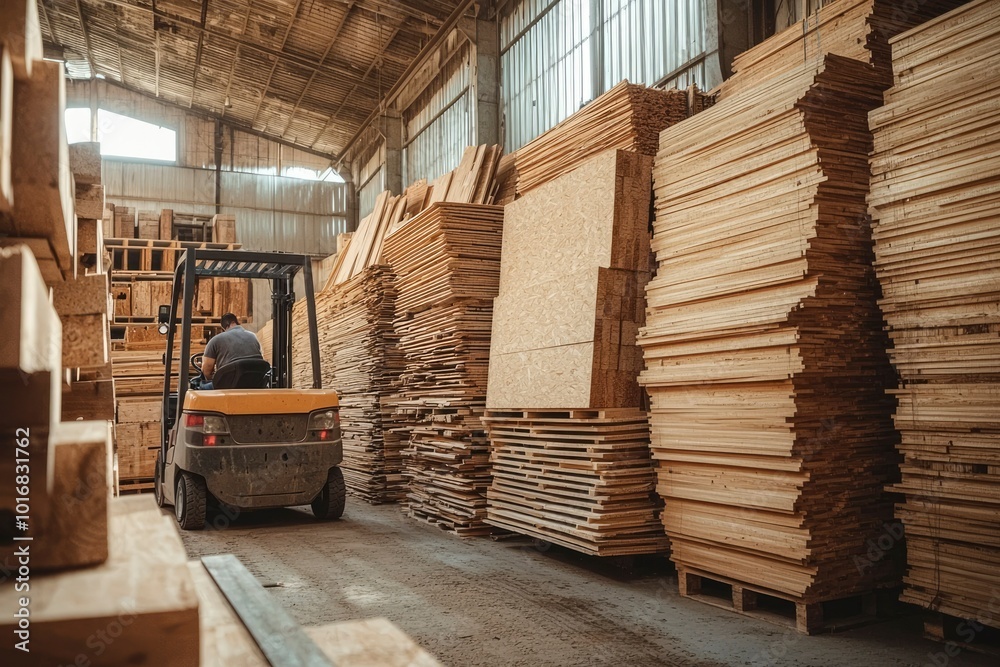 Forklift Operator Navigating Through Stacks of Wooden Planks in a Warehouse Forklift Operator Navigating Through Stacks of Wooden Planks in a Warehouse