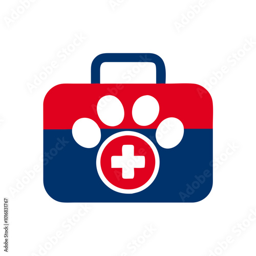 Pet first aid kit icon in red and blue colors featuring a paw print and medical cross for animal care
