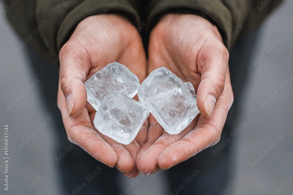 A person holding three transparent ice cubes in their hands, showcasing a refreshing and cool perspective. A person holding three transparent ice cubes in their hands, showcasing a refreshing and cool perspective.