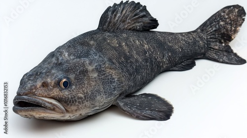 Atlantic Wolffish known for its distinctive appearance is depicted against a clean white background highlighting its unique body shape and coloration. photo